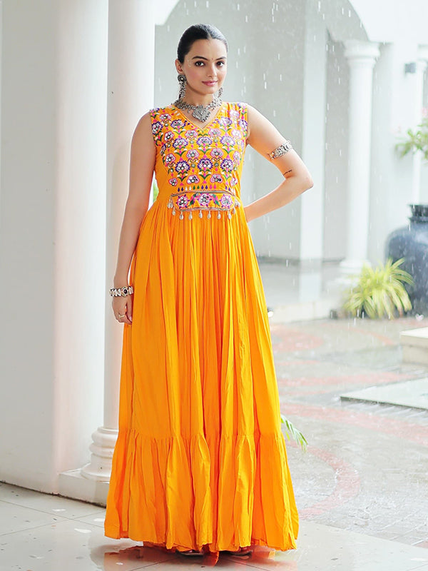 Yellow Kutchi Gamthi Thread Embroidered Work Rayon Gown