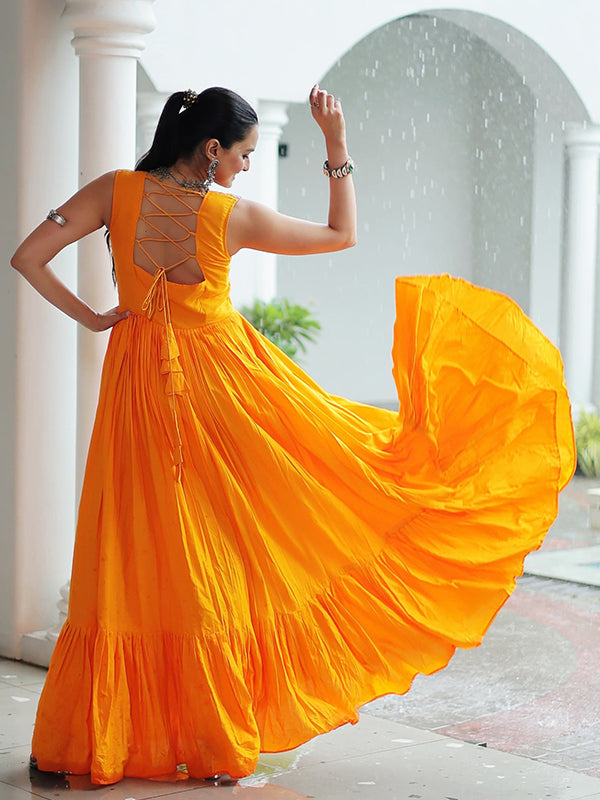 Yellow Kutchi Gamthi Thread Embroidered Work Rayon Gown