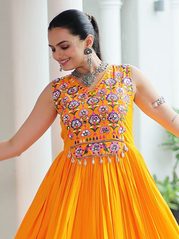 Yellow Kutchi Gamthi Thread Embroidered Work Rayon Gown