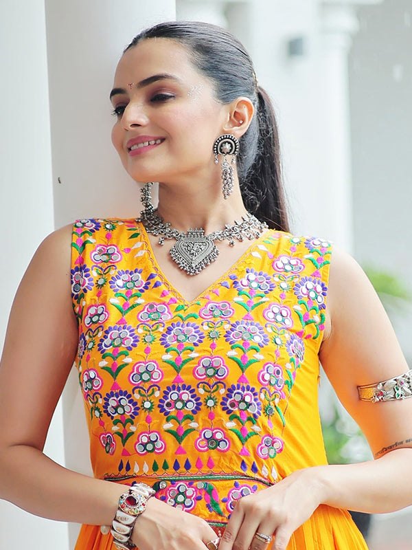 Yellow Kutchi Gamthi Thread Embroidered Work Rayon Gown