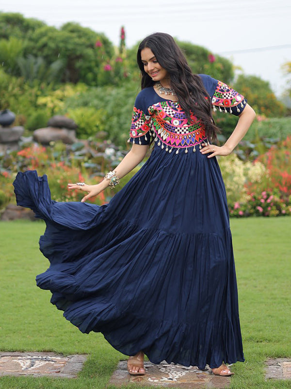 Navy Blue Kutchi Gamthi Work Rayon Full Flair Gown