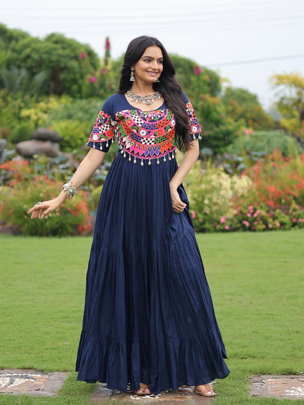 Navy Blue Kutchi Gamthi Work Rayon Full Flair Gown