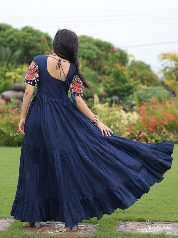 Navy Blue Kutchi Gamthi Work Rayon Full Flair Gown