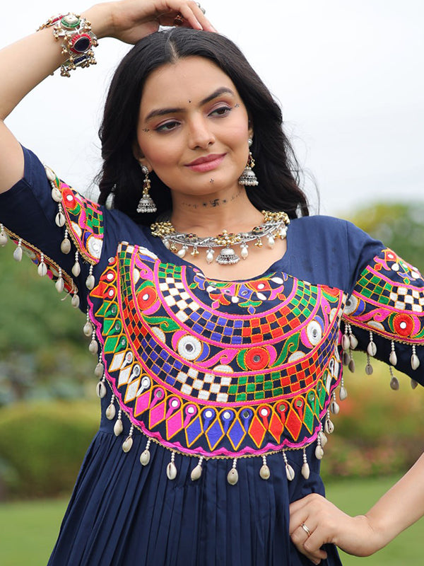 Navy Blue Kutchi Gamthi Work Rayon Full Flair Gown