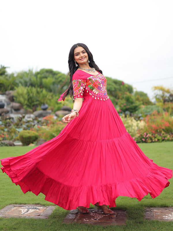 Pink Kutchi Gamthi Work Rayon Full Flair Gown