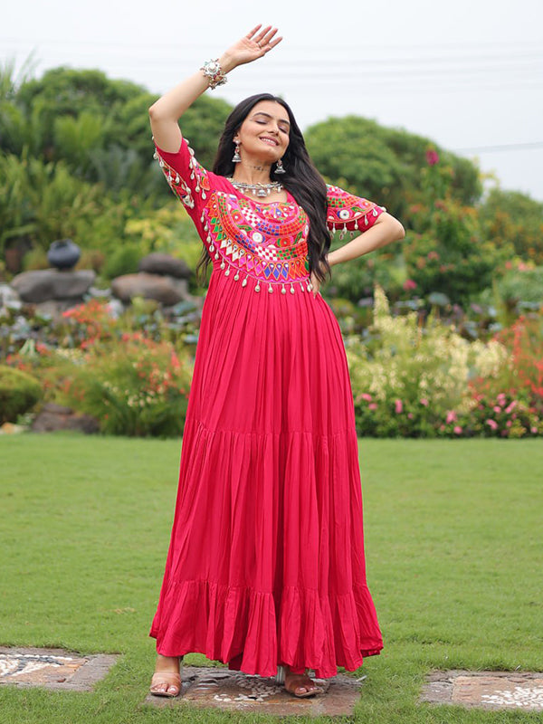 Pink Kutchi Gamthi Work Rayon Full Flair Gown