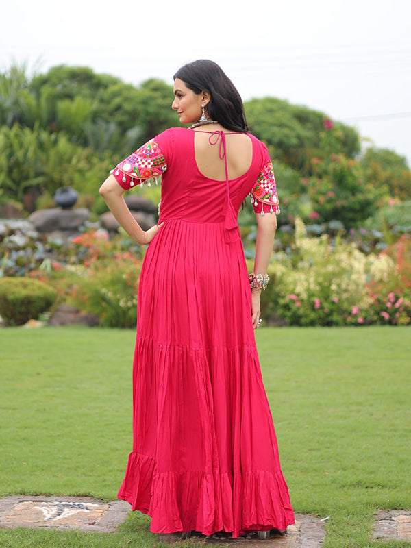 Pink Kutchi Gamthi Work Rayon Full Flair Gown