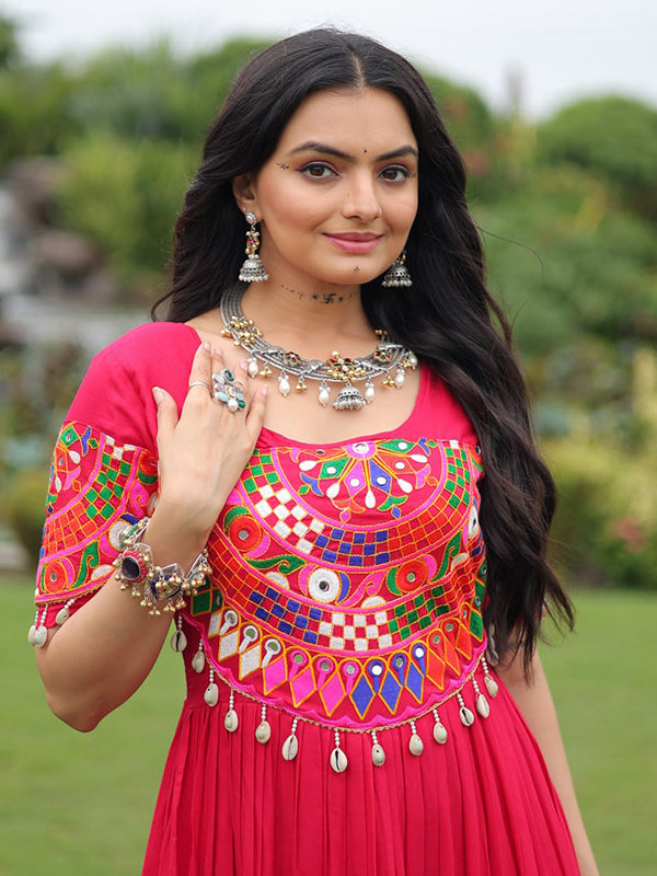 Pink Kutchi Gamthi Work Rayon Full Flair Gown