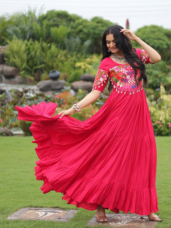 Pink Kutchi Gamthi Work Rayon Full Flair Gown