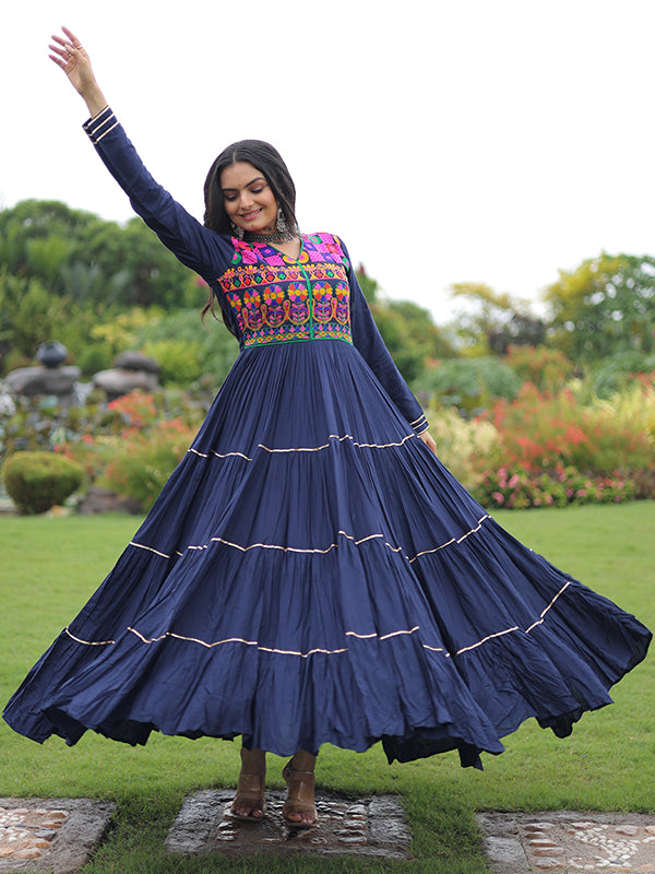 Navy Blue Kutchi Gamthi Embroidered Work Full Flair Rayon Gown