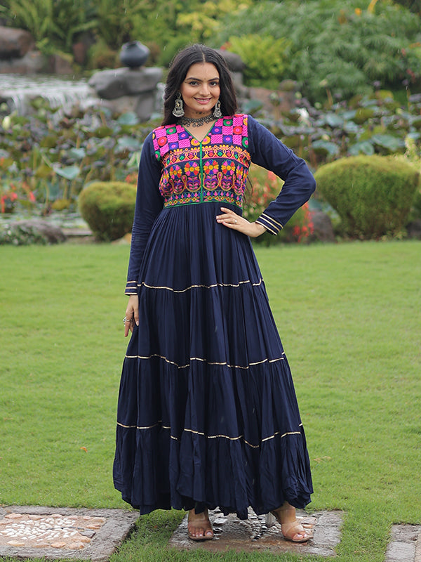 Navy Blue Kutchi Gamthi Embroidered Work Full Flair Rayon Gown