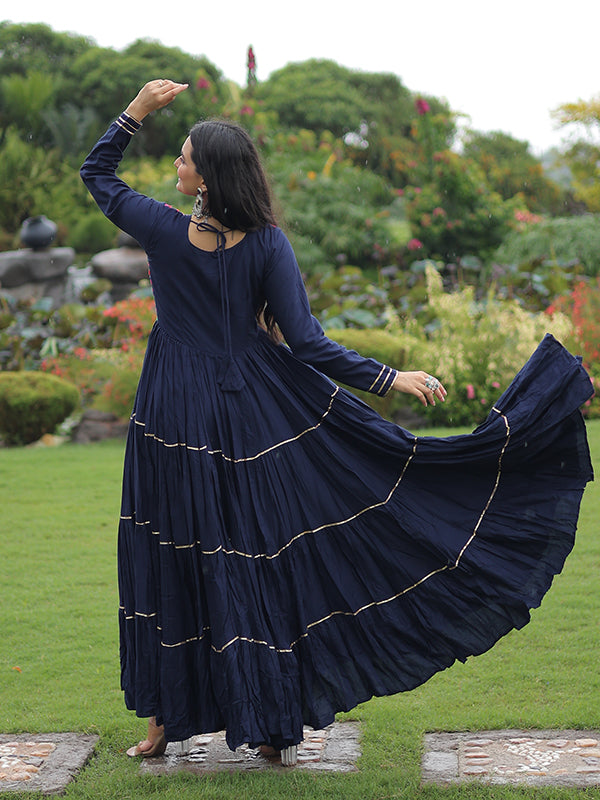Navy Blue Kutchi Gamthi Embroidered Work Full Flair Rayon Gown