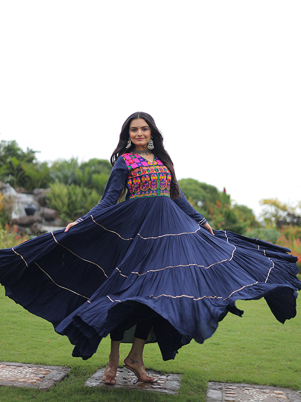 Navy Blue Kutchi Gamthi Embroidered Work Full Flair Rayon Gown