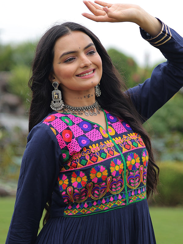 Navy Blue Kutchi Gamthi Embroidered Work Full Flair Rayon Gown