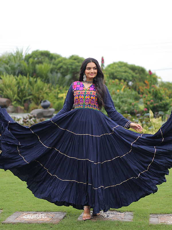 Navy Blue Kutchi Gamthi Embroidered Work Full Flair Rayon Gown