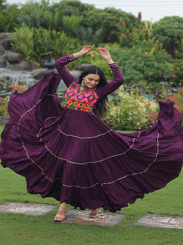 Wine Kutchi Gamthi Embroidered Work Full Flair Rayon Gown