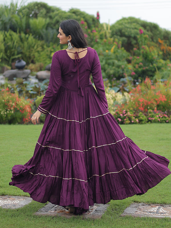 Wine Kutchi Gamthi Embroidered Work Full Flair Rayon Gown