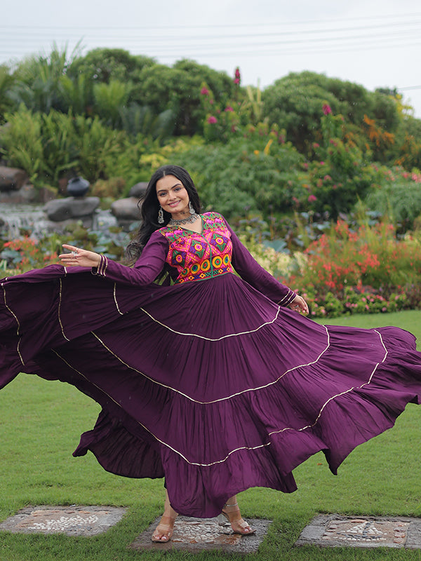 Wine Kutchi Gamthi Embroidered Work Full Flair Rayon Gown