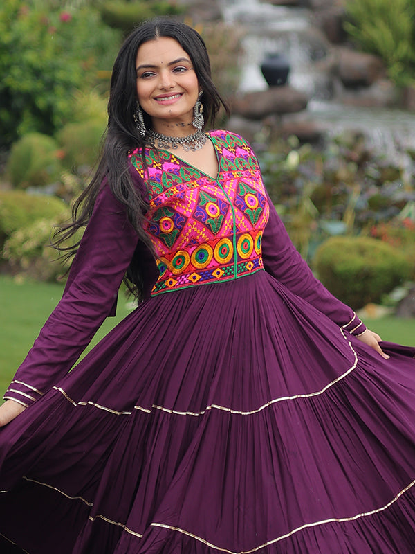 Wine Kutchi Gamthi Embroidered Work Full Flair Rayon Gown