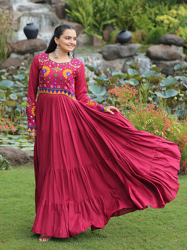 Maroon Kutchi Gamthi Work Full Flair Rayon Gown