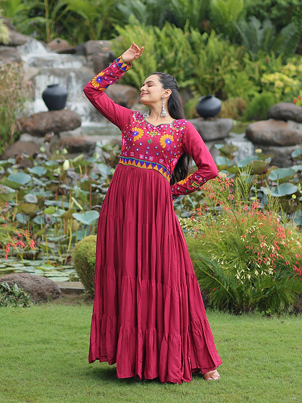 Maroon Kutchi Gamthi Work Full Flair Rayon Gown