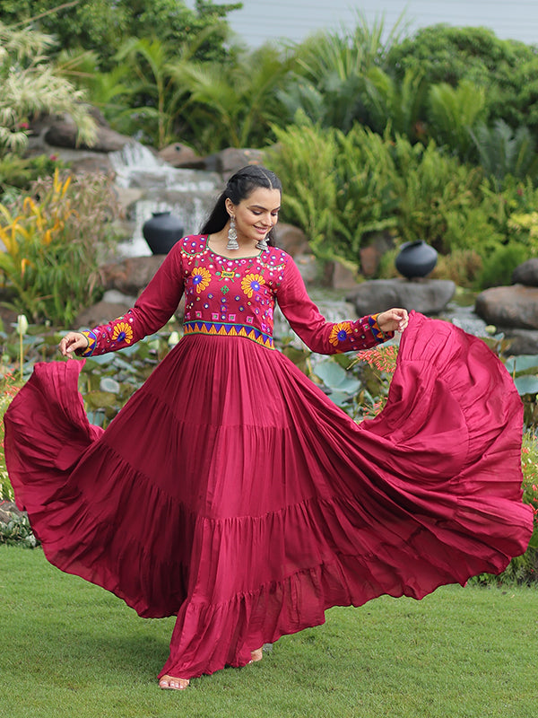 Maroon Kutchi Gamthi Work Full Flair Rayon Gown