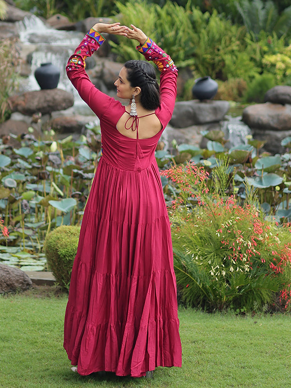 Maroon Kutchi Gamthi Work Full Flair Rayon Gown