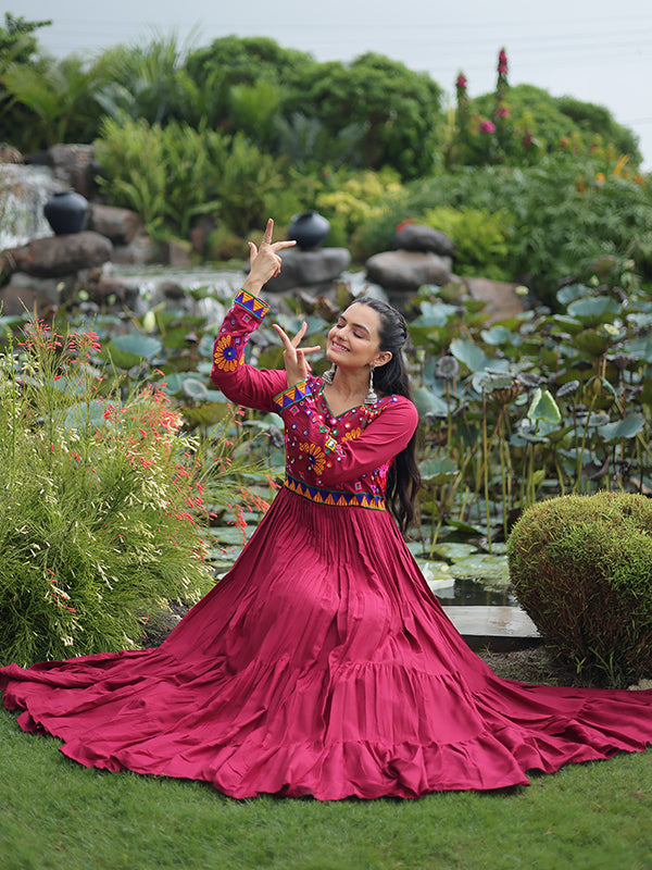 Maroon Kutchi Gamthi Work Full Flair Rayon Gown