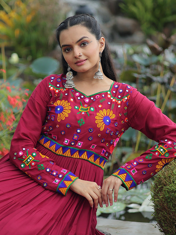 Maroon Kutchi Gamthi Work Full Flair Rayon Gown