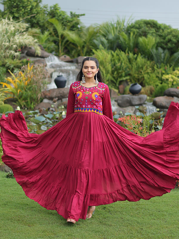 Maroon Kutchi Gamthi Work Full Flair Rayon Gown
