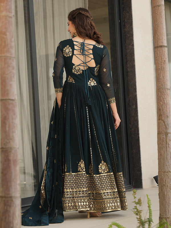 Bottle Green Full Sleeves Sequins Embroidered Work Gown With Dupatta