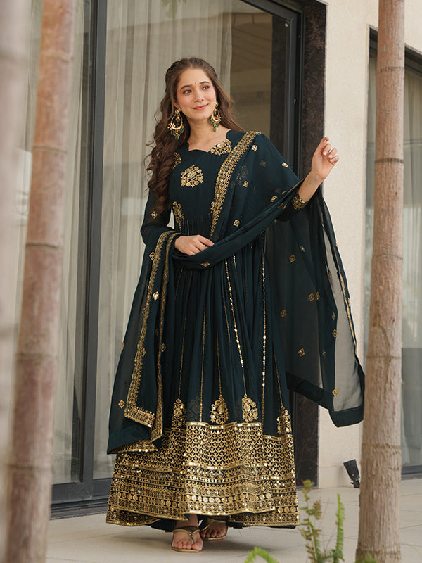 Bottle Green Full Sleeves Sequins Embroidered Work Gown With Dupatta