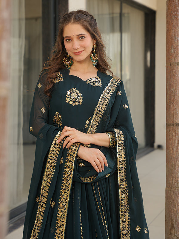 Bottle Green Full Sleeves Sequins Embroidered Work Gown With Dupatta