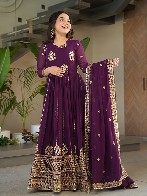 Wine Full Sleeves Sequins Embroidered Work Gown With Dupatta