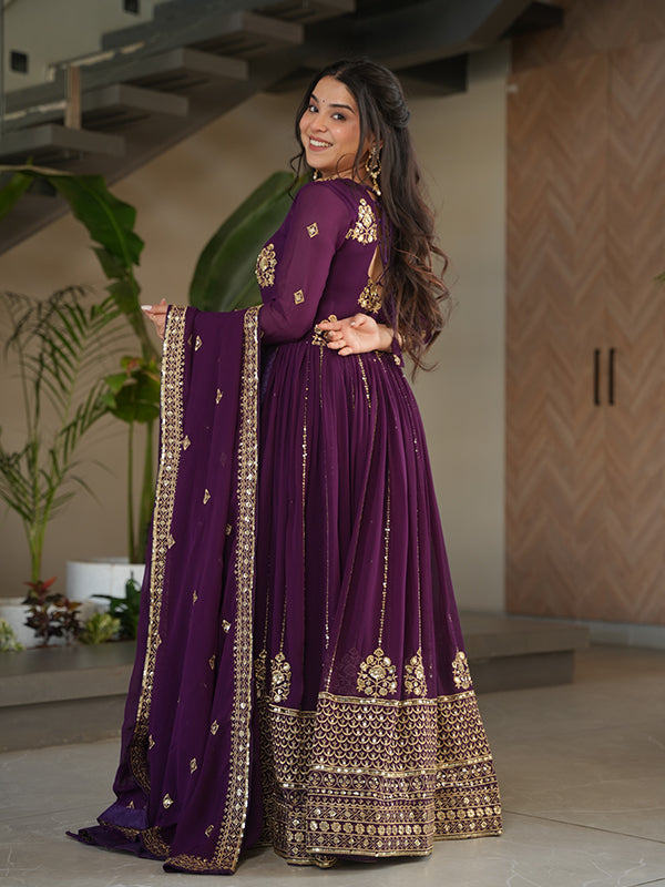 Wine Full Sleeves Sequins Embroidered Work Gown With Dupatta