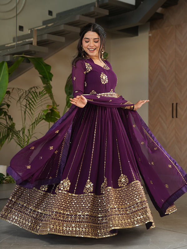 Wine Full Sleeves Sequins Embroidered Work Gown With Dupatta