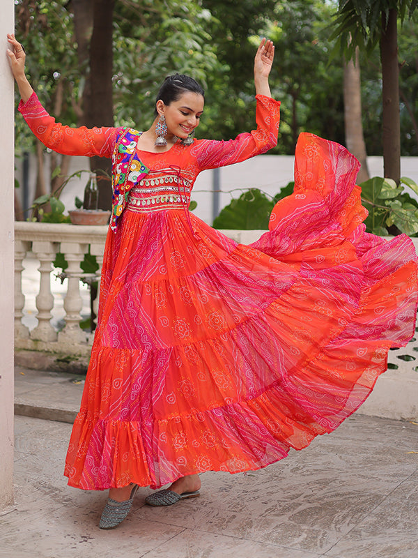 Pink Bandhani Laheriya Printed Kutchi Patch Work Georgette Gown