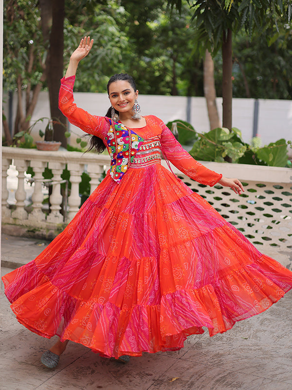 Pink Bandhani Laheriya Printed Kutchi Patch Work Georgette Gown