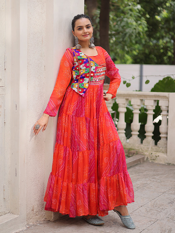 Pink Bandhani Laheriya Printed Kutchi Patch Work Georgette Gown