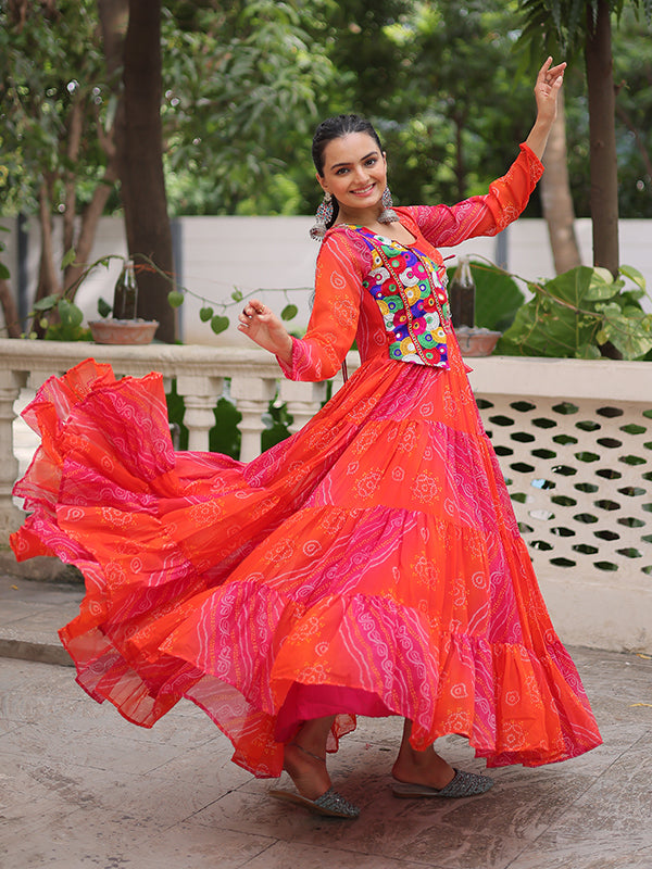 Pink Bandhani Laheriya Printed Kutchi Patch Work Georgette Gown
