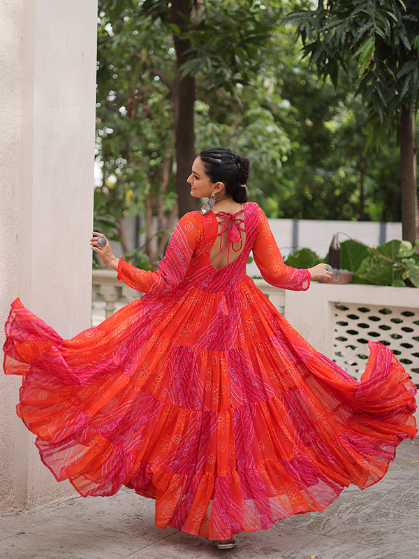 Pink Bandhani Laheriya Printed Kutchi Patch Work Georgette Gown