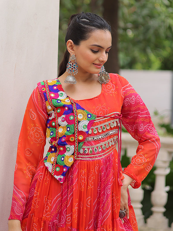 Pink Bandhani Laheriya Printed Kutchi Patch Work Georgette Gown