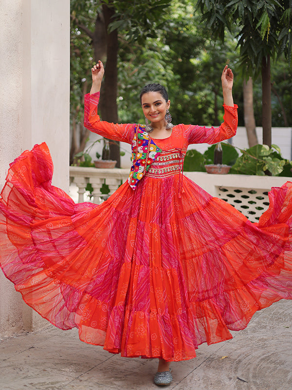 Pink Bandhani Laheriya Printed Kutchi Patch Work Georgette Gown