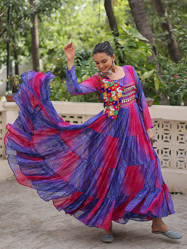 Purple Bandhani Laheriya Printed Kutchi Patch Work Georgette Gown