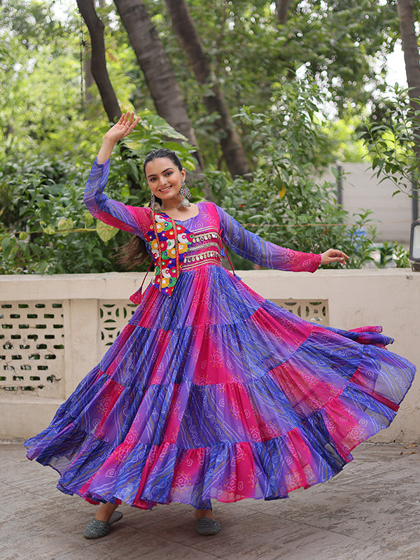 Purple Bandhani Laheriya Printed Kutchi Patch Work Georgette Gown