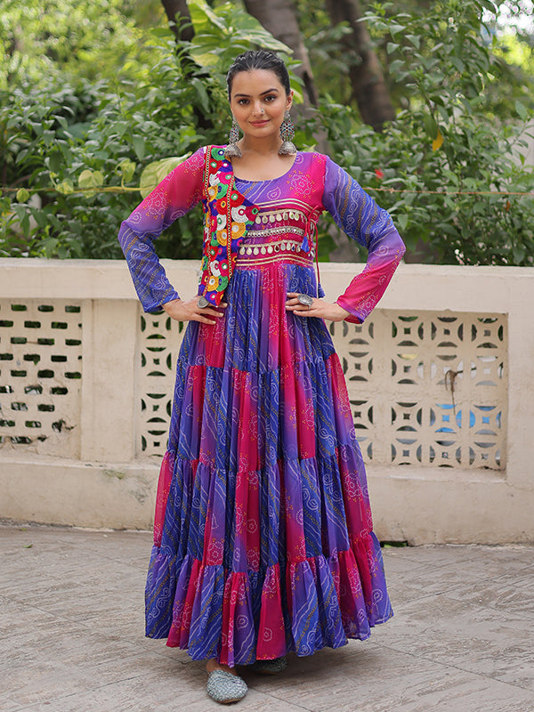 Purple Bandhani Laheriya Printed Kutchi Patch Work Georgette Gown