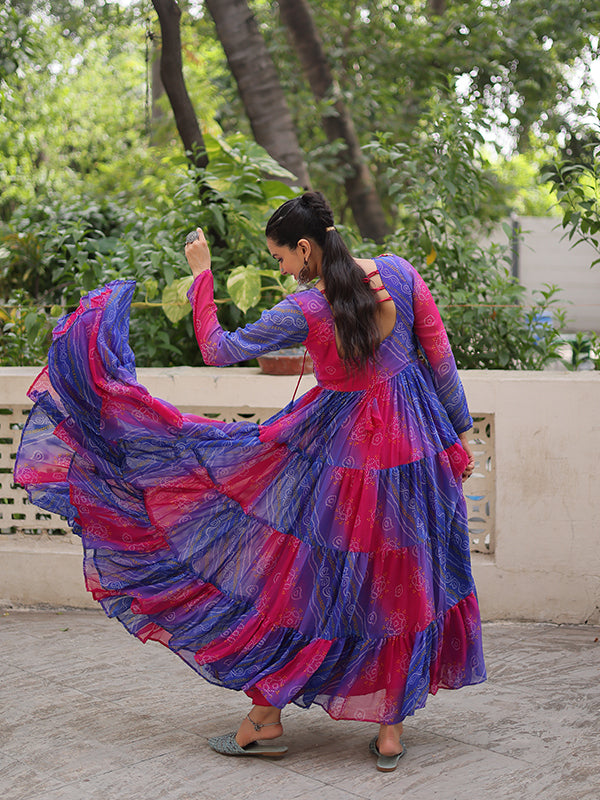 Purple Bandhani Laheriya Printed Kutchi Patch Work Georgette Gown