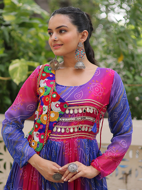 Purple Bandhani Laheriya Printed Kutchi Patch Work Georgette Gown