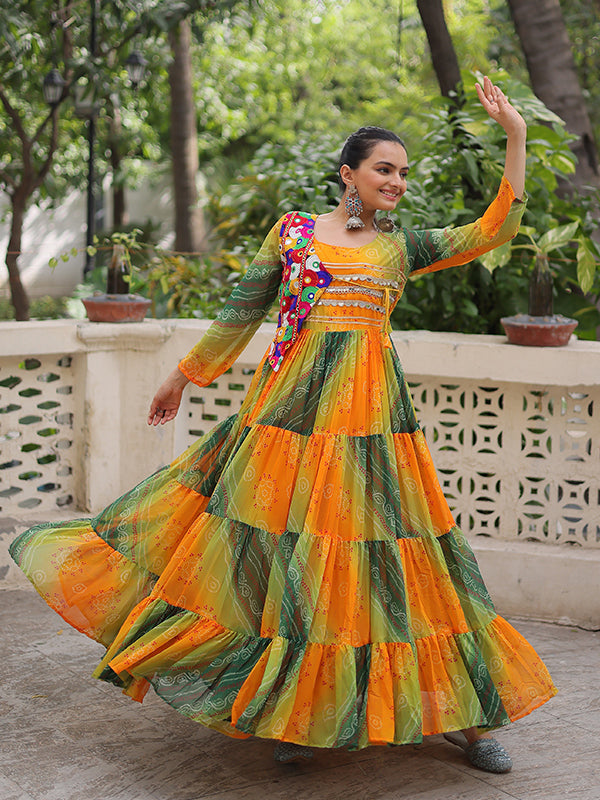 Yellow Bandhani Laheriya Printed Kutchi Patch Work Georgette Gown