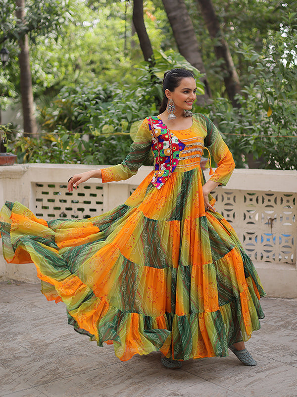 Yellow Bandhani Laheriya Printed Kutchi Patch Work Georgette Gown